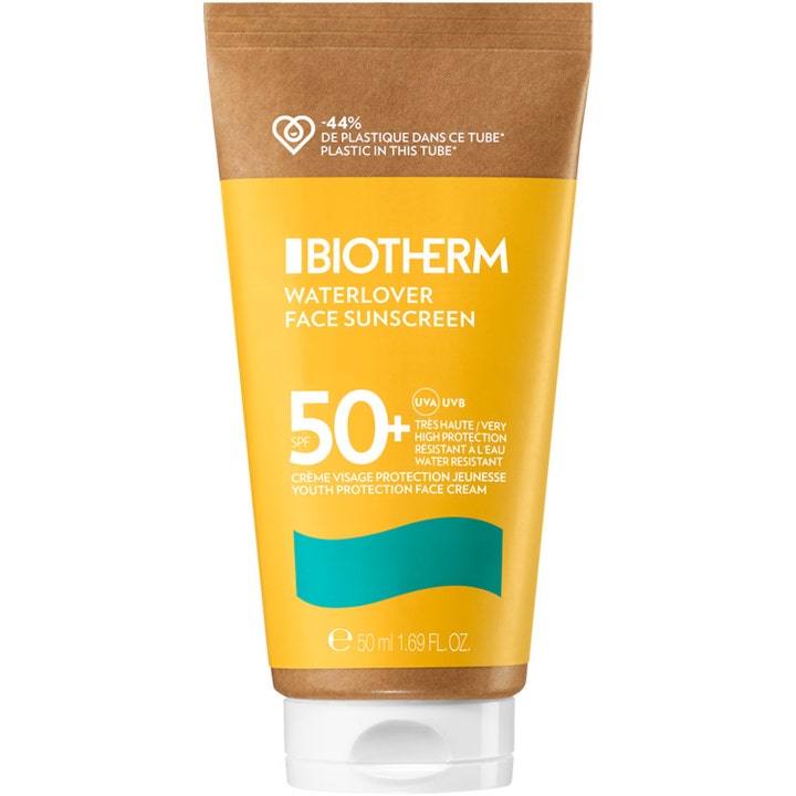 Biotherm Waterlover Face Sunscreen 50 ml korkean suojan aurinkovoide keltaisessa tuubissa jossa on ruskea yläosa