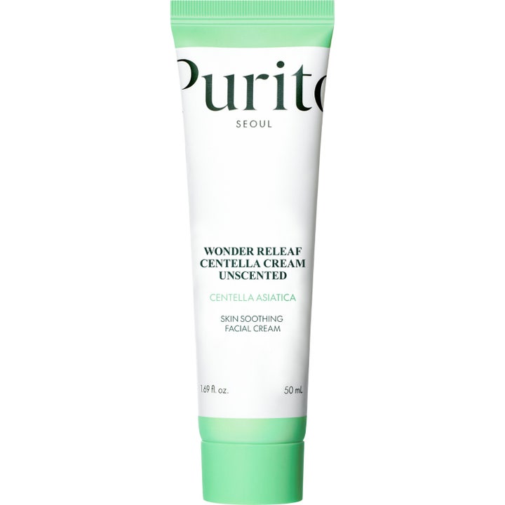 Purito Wonder Releaf Centella Cream Unscented 50 ml rauhoittava kasvovoide valkoisessa tuubissa vihreällä korkilla.