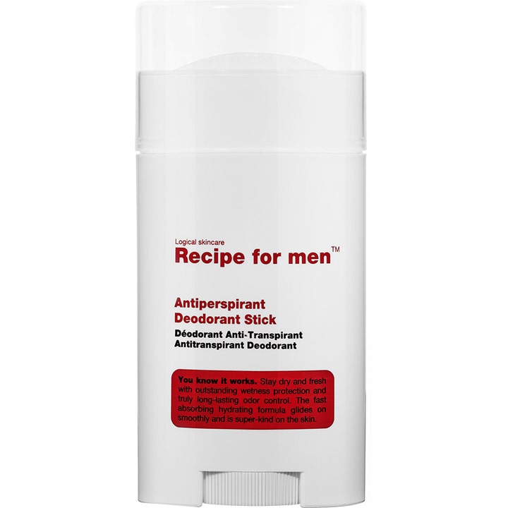 Recipe for men Antiperspirant Deodorant Stick 75ml suojaa hikoilulta valkoisessa pakkauksessa jossa on kirkas korkki