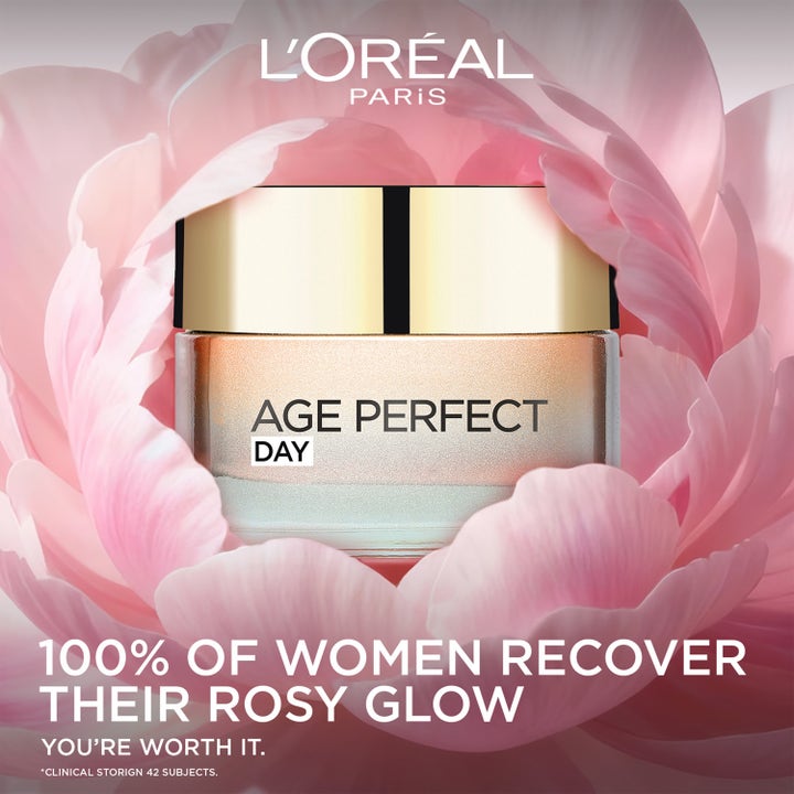 L'Oréal Paris Age Perfect Golden Age 50 ml vahvistava päivävoide kultaisessa purkissa vaaleanpunaisen kukan sisällä.