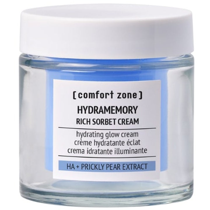 Comfort Zone Hydramemory Rich Sorbet Cream heleyttävä kasvovoide kirkkaassa lasipurkissa valkoisella kannella.