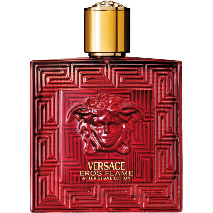 Versace Eros Flame 100 ml After Shave Lotion rauhoittaa ihoa punaisessa lasipullossa, jossa on kultainen korkki.