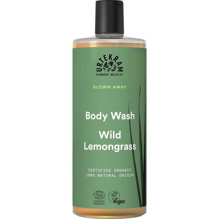Urtekram Wild Lemongrass Body Wash 500 ml virkistävä suihkugeeli vihreällä etiketillä ja mustalla korkilla
