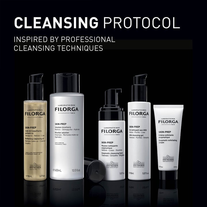 Filorga Skin-Prep Aha Cleansing Gel 150 ml kirkastava puhdistusgeeli valkoisessa pullossa osana tuotesarjaa