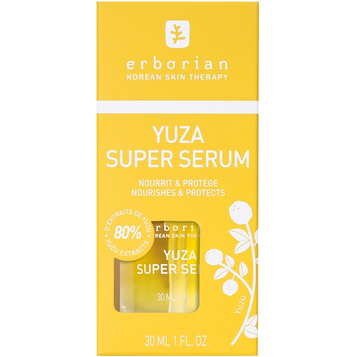 Erborian Yuza Super Serum 30 ml ravitseva seerumi keltaisessa pakkauksessa, jossa on 80% yuzu-uutetta.