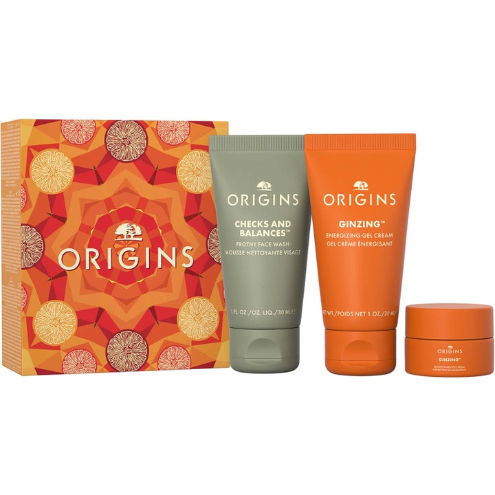Origins GinZing & Checks and Balances 30 ml kirkastava ihonhoitosetti sisältää vihreän ja oranssin tuubin sekä pienen purkin.