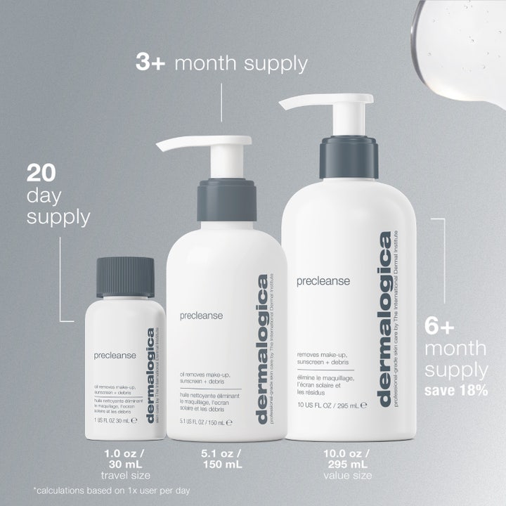Dermalogica PreCleanse 295 ml puhdistusöljy poistaa meikin valkoisessa pumppupullossa jossa on harmaa pumppu.
