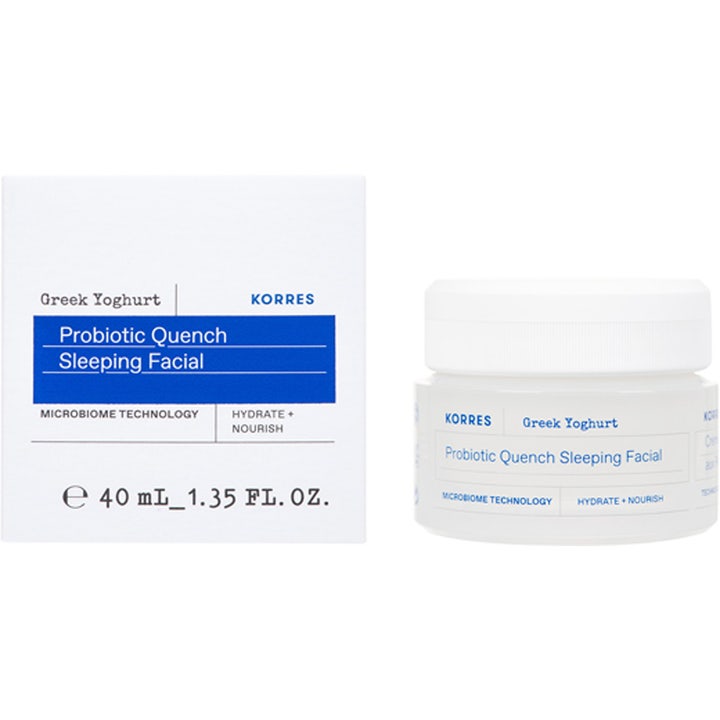 Korres Greek Yoghurt Probiotic Quench Sleeping Facial 40 ml ravitseva yövoide valkoisessa lasipurkissa ja rasiassa
