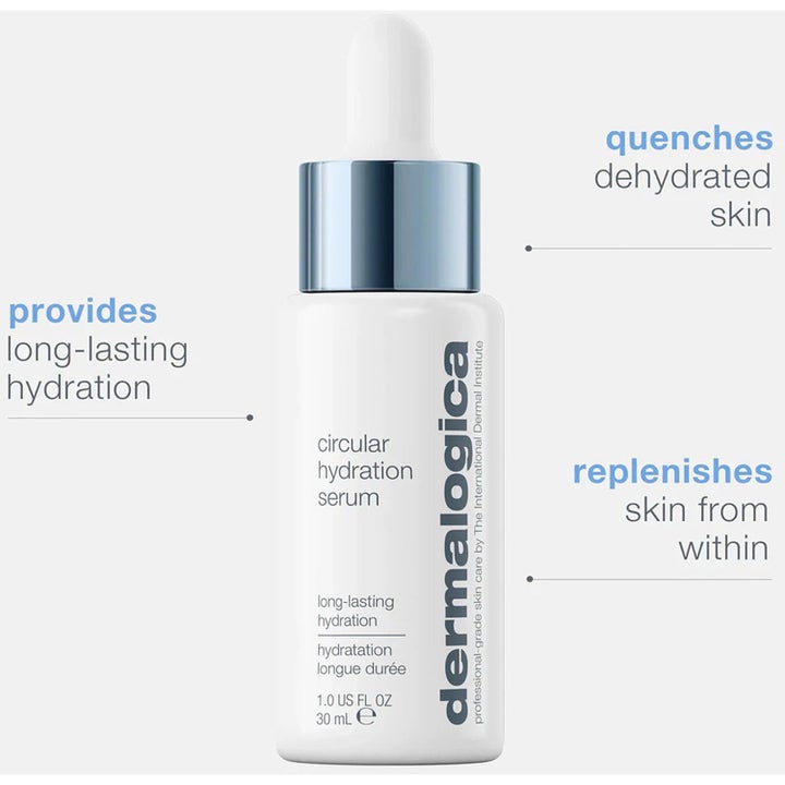 Dermalogica Circular Hydration Serum 30 ml syväkosteuttava seerumi valkoisessa pipettipullossa kosteuttaa janoista ihoa