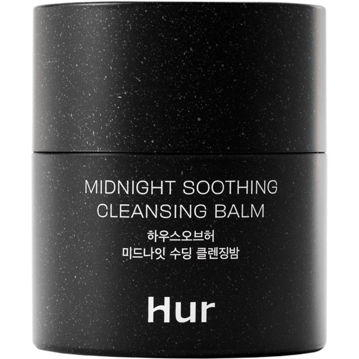 Hur Midnight Soothing Cleansing Balm rauhoittava puhdistusvoide mustassa pilkullisessa purkissa.