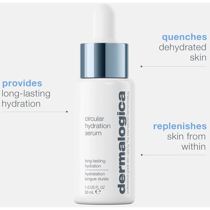 Dermalogica Circular Hydration Serum 30 ml kosteuttava seerumi valkoisessa pipettipullossa hopeisella kauluksella.