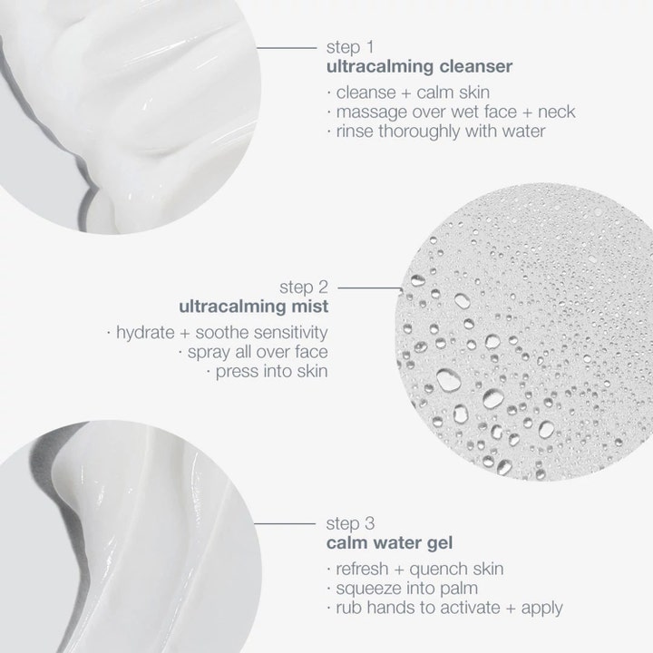 Dermalogica Sensitive Skin Rescue Kit rauhoittava setti esittelee puhdistusaineen, sumutteen ja geelin tekstuurit.