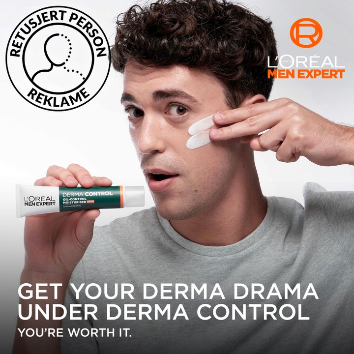L'Oréal Paris Men Expert Derma Control Moisturiser SPF30 40 ml päivävoide hillitsee kiiltoa ja mies levittää sitä iholle