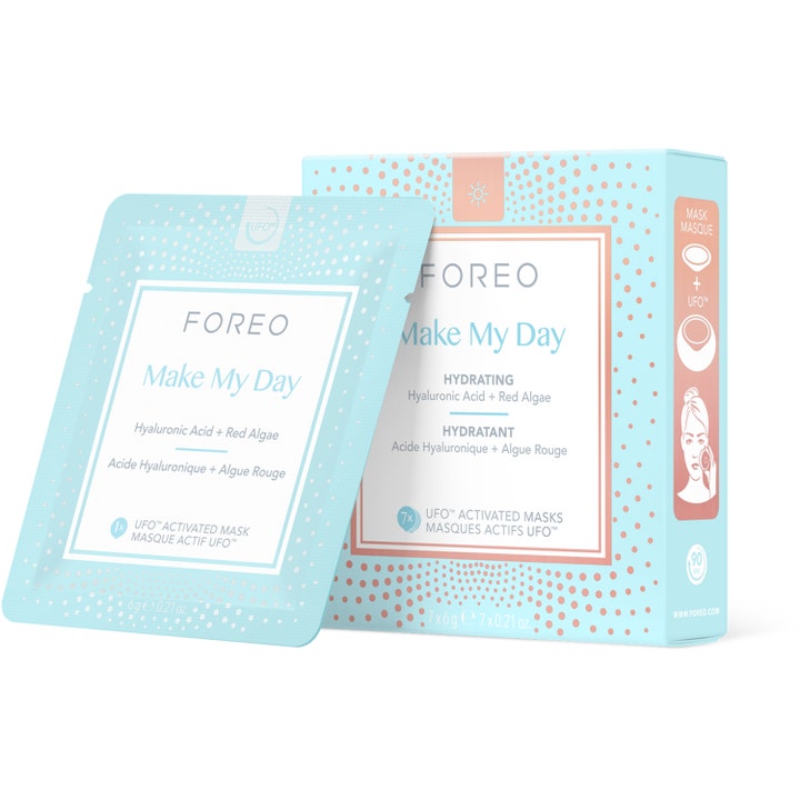 Foreo Make My Day 7x6 g kosteuttava kasvonaamio hyaluronihapolla vaaleansinisessä pakkauksessa persikanvärisin pilkuin