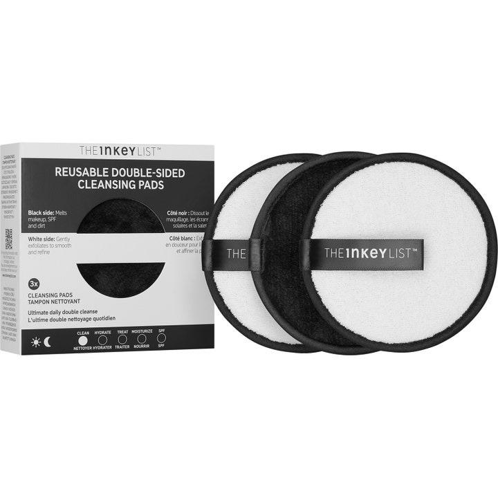 The INKEY List Reusable Cleansing Pads 3 kpl puhdistuslaput pakkauksella poistavat meikin ja kuorivat ihoa.