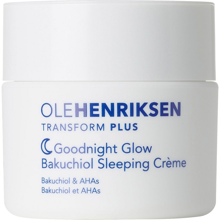 Ole Henriksen Goodnight Glow Bakuchiol Sleeping Crème 50 ml heleyttävä yövoide valkoisessa purkissa sinisellä tekstillä