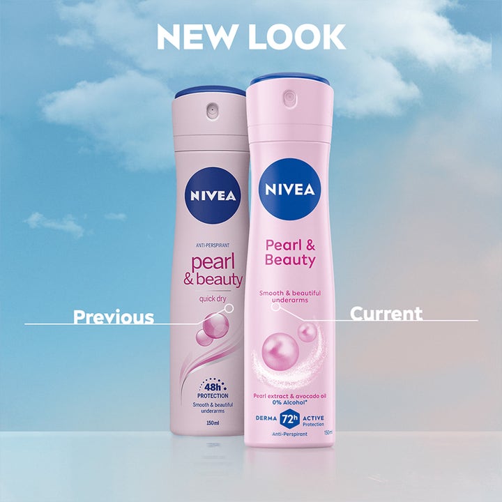 Nivea Pearl & Beauty deospray 150 ml antiperspirantti vertailu vanhan ja uuden vaaleanpunaisen pakkauksen välillä.