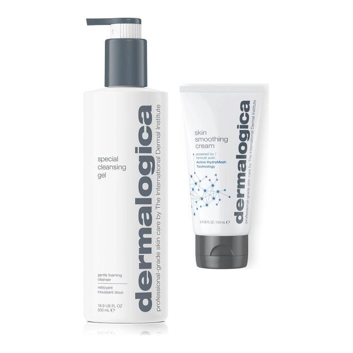 Dermalogica Special Cleansing Gel 500 ml ja Skin Smoothing Cream puhdistava ja kosteuttava setti valkoisissa pakkauksissa.