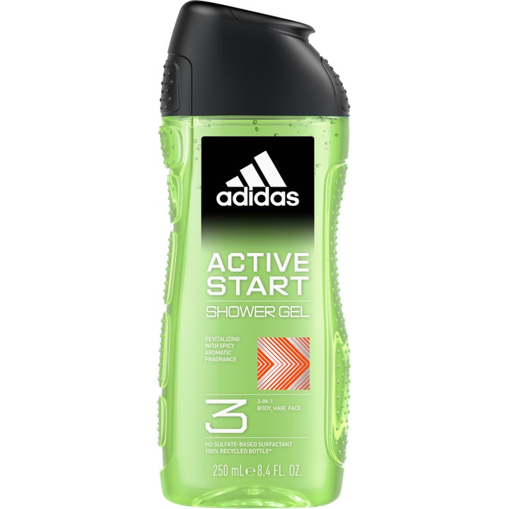 Adidas Active Start 250 ml virkistävä suihkugeeli läpinäkyvässä vihreässä pullossa mustalla korkilla.