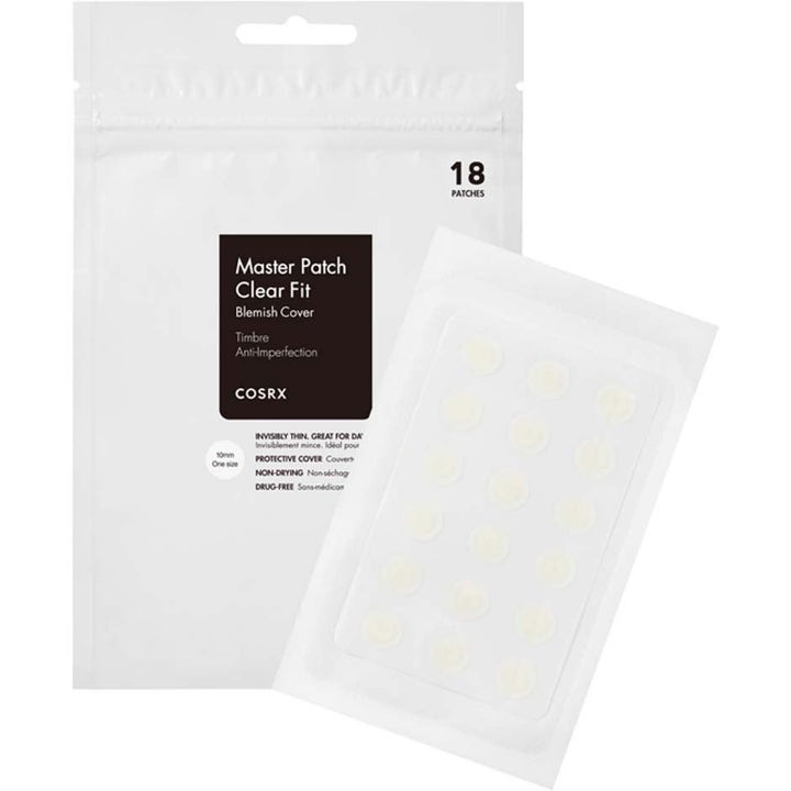 COSRX Master Patch Clear Fit 18 kpl finnilaastari valkoisessa pussissa ja läpinäkyvä arkki.
