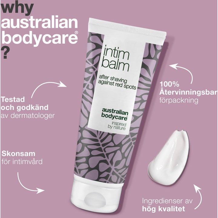 Australian Bodycare Intim Balm 100 ml rauhoittava intiimivoide ehkäisee punaisia näppyjä, valkoinen tuubi ja voidenäyte