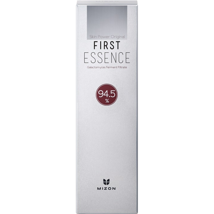 Mizon Skin Power Original First Essence 210 ml kirkastava hoitoneste hopeisessa pahvipakkauksessa.