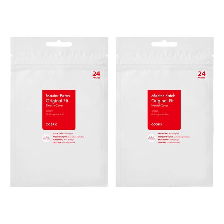 COSRX Master Patch Original Fit 24 kpl rauhoittava finnilaastari kahdessa valkoisessa pussissa punaisella etiketillä