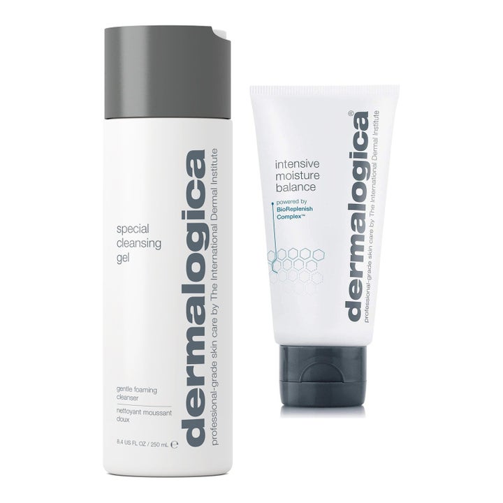 Dermalogica Special Cleansing Gel ja Intensive Moisture Balance puhdistusgeeli ja voide valkoisessa pullossa ja tuubissa