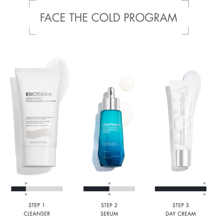 Biotherm Aquasource Hydra Barrier Cream 30 ml kosteuttava päivävoide osana kolmivaiheista Face the cold -rutiinia.
