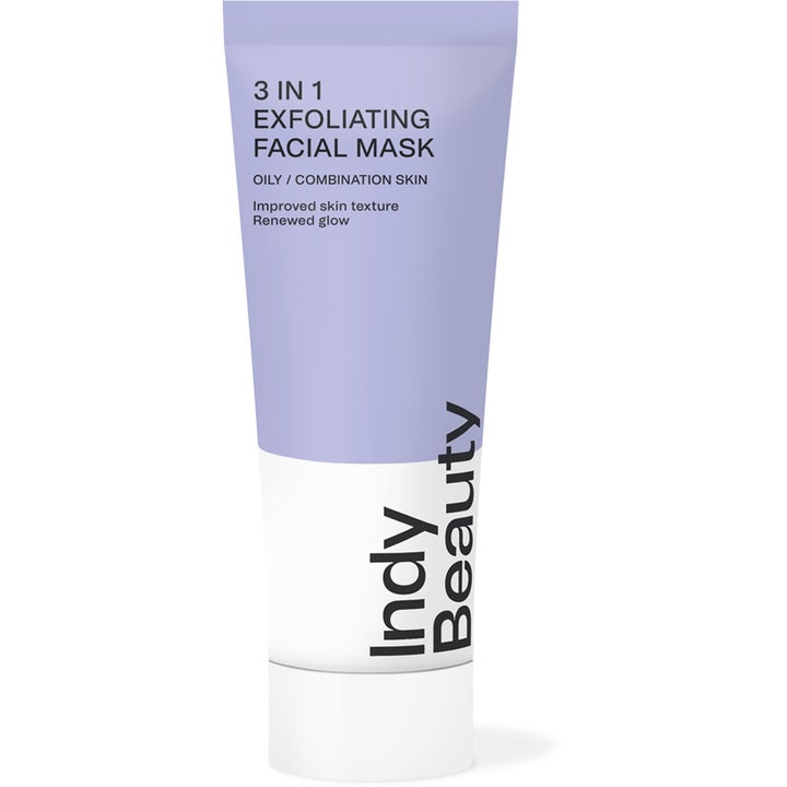 Indy Beauty 3 in 1 Exfoliating Facial Mask kirkastava kasvonaamio vaaleanliilassa ja valkoisessa muovituubissa.