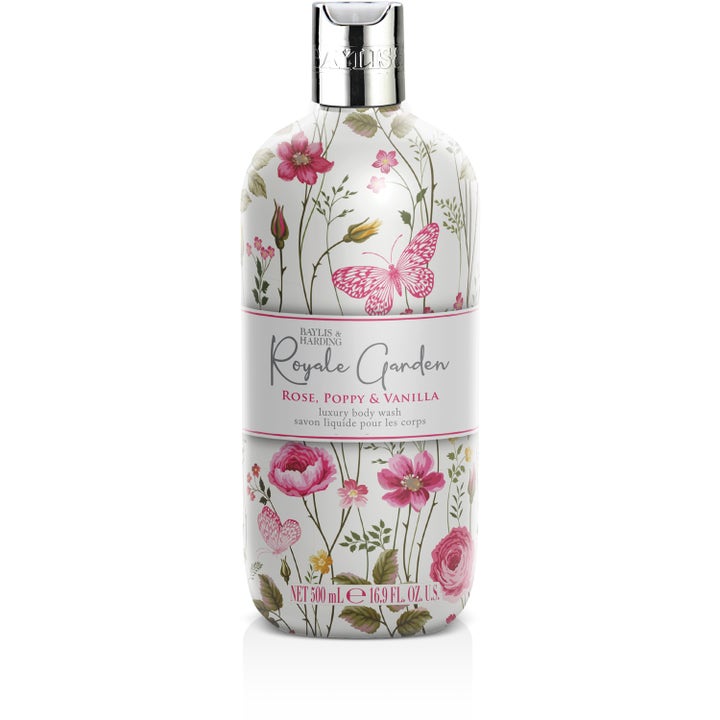 Baylis & Harding Royale Garden Rose, Poppy & Vanilla 500 ml ylellinen suihkugeeli kukkakuvioisessa pullossa.