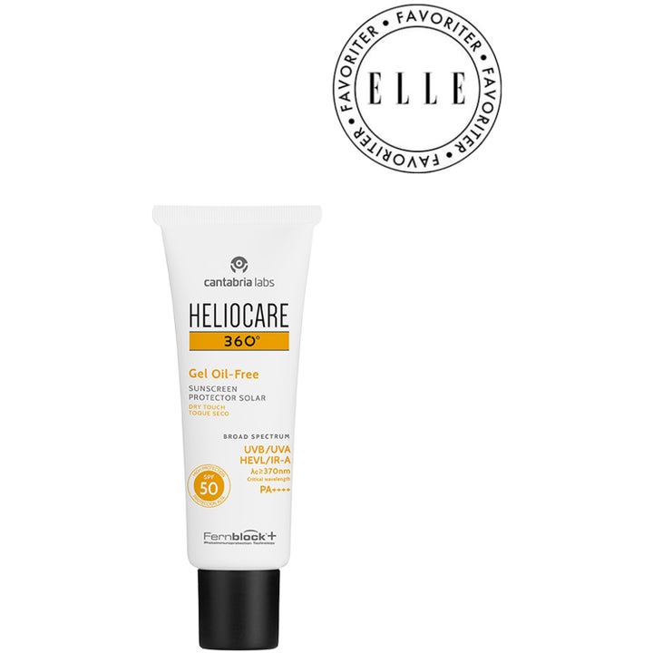 Heliocare Gel Oil Free SPF 50+ 50 ml aurinkovoide valkoisessa tuubissa, jossa musta korkki ja ELLE-leima