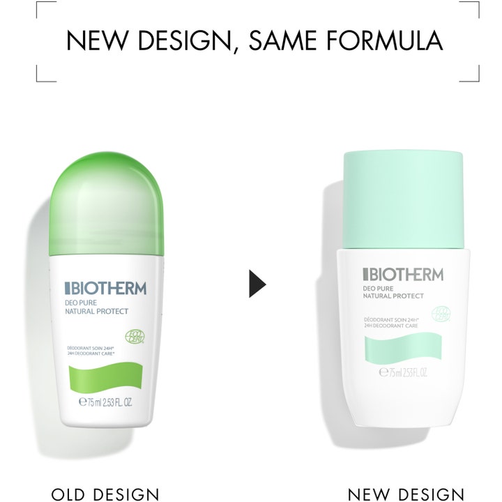 Biotherm Deo Pure Ecocert 75 ml roll-on deodorantti näyttää uuden ja vanhan valkoisen pakkauksen muotoilun.