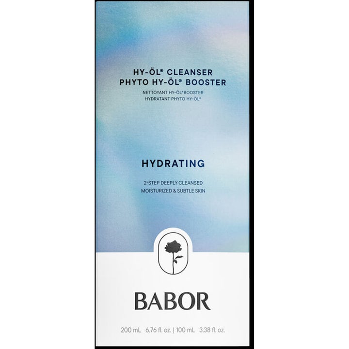 Babor Hy-Öl Cleanser & Phyto Hy-Öl Booster Hydrating 200 ml ja 100 ml puhdistussetti vaaleansinisessä pakkauksessa