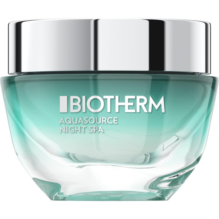 Biotherm Aquasource Night Spa 50 ml kosteuttava yövoide tyylikkäässä turkoosissa lasipurkissa hopeisella kannella