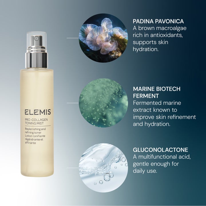 Elemis Pro-Collagen Toning Mist 150 ml kasvovesi ja Padina Pavonica -levää sisältävä koostumus.