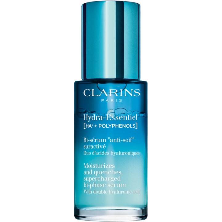 Clarins Hydra-Essentiel Bi-Phase Serum kosteuttava kasvoseerumi sinisessä lasipullossa jossa näkyy seerumikuplia