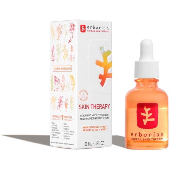Erborian Skin Therapy 30 ml yöseerumi ja pakkaus, jonka oranssi öljy kirkastaa ihoa yöllä.