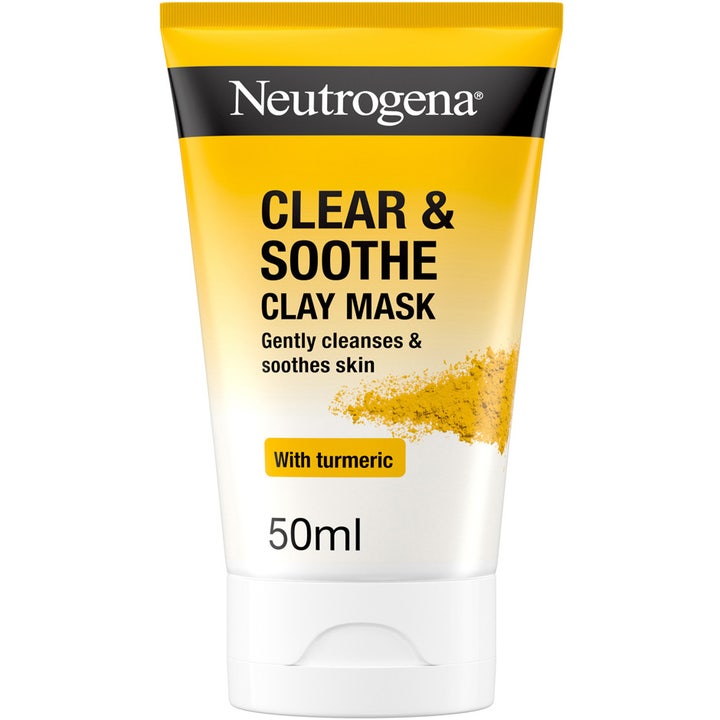 Neutrogena Clear & Soothe Clay Mask 50 ml rauhoittava savinaamio kurkumalla keltaisessa ja valkoisessa tuubissa.