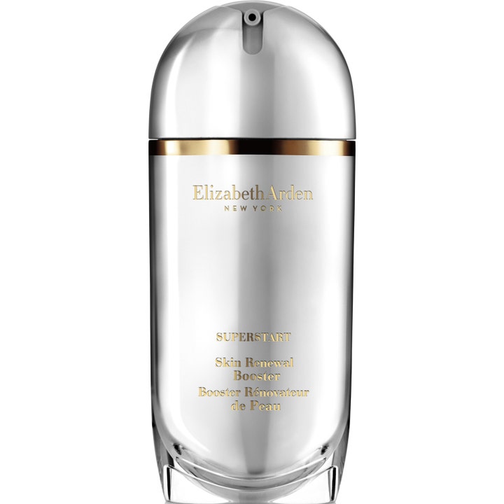 Elizabeth Arden Superstart Skin Renewal Booster elvyttävä seerumi hopeanhohtoisessa pullossa kultaisella koristerenkaalla.