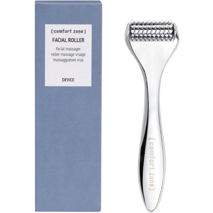 [comfort zone] Facial Roller 1 kpl kasvohierontarulla rentouttaa ihoa hopeinen nystyräinen metallirulla ja sininen kotelo
