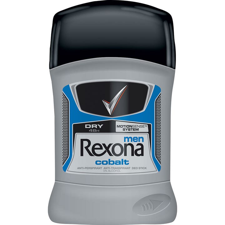 Rexona Men Cobalt Dry 48H 50ml antiperspirantti antaa raikkaan suojan harmaassa pakkauksessa, jossa on musta korkki.