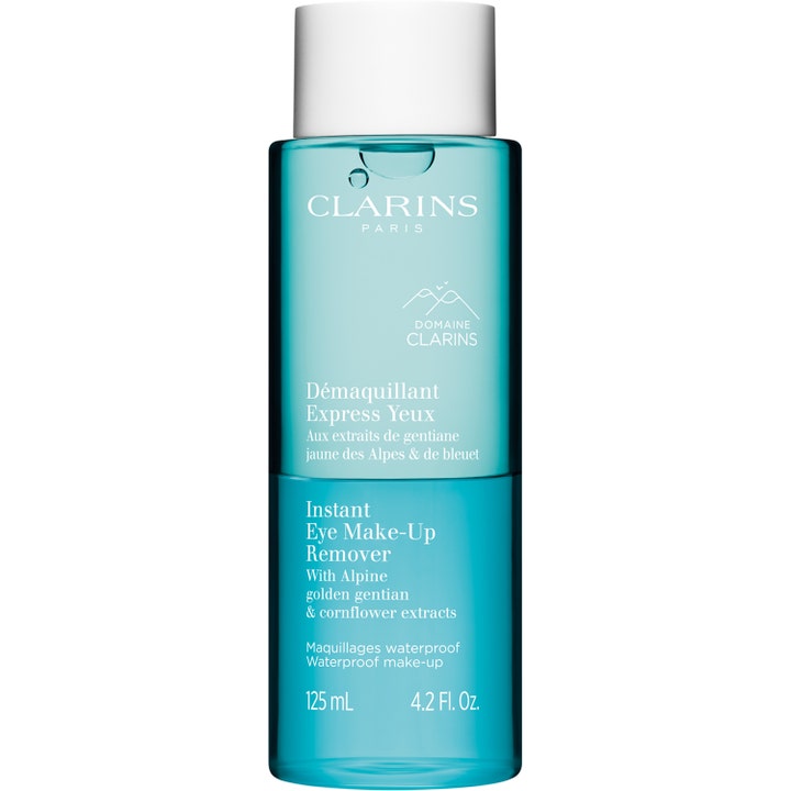 Clarins Instant Eye Make-Up Remover 125 ml silmämeikinpoistoaine poistaa vedenkestävän meikin kirkkaassa sinisessä pullossa.
