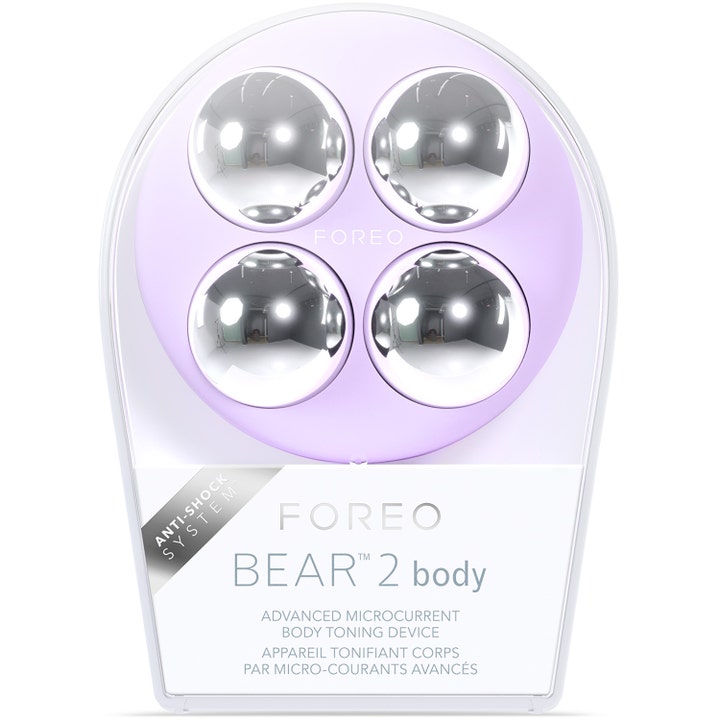 FOREO BEAR 2 body 1 kpl kiinteyttävä mikrovirtalaite laventelin sävyisenä neljällä hopeisella pallolla.