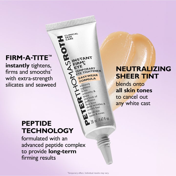 Peter Thomas Roth Instant FIRMx Eye 20 ml silmänympärysvoide hopeisessa tuubissa ja persikkainen, silottava voide.
