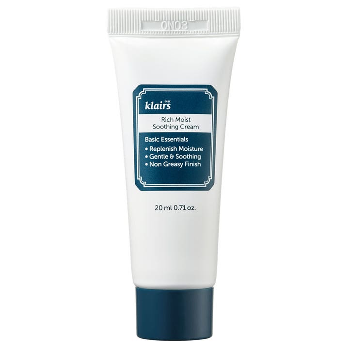 Klairs Rich Moist Soothing Cream 20 ml rauhoittava kasvovoide valkoinen tuubi tummansinisellä korkilla ja etiketillä