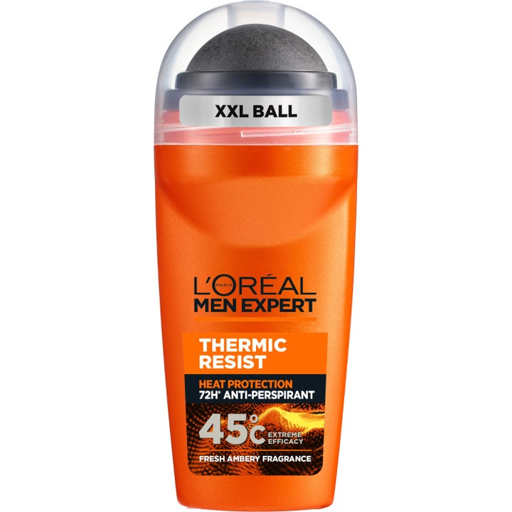 L'Oréal Men Expert Thermic Resist 50 ml antiperspirantti tarjoaa lämpösuojan oranssissa pullossa mustalla pallolla.