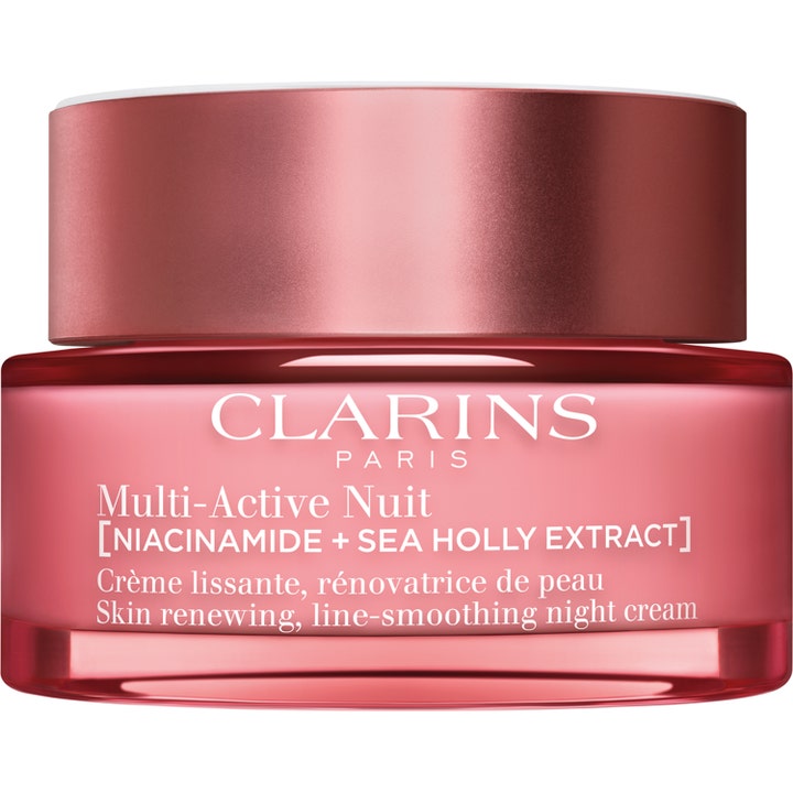Clarins Multi-Active Nuit silottava yövoide niasiiniamidilla vaaleanpunaisessa lasipurkissa metallikannella