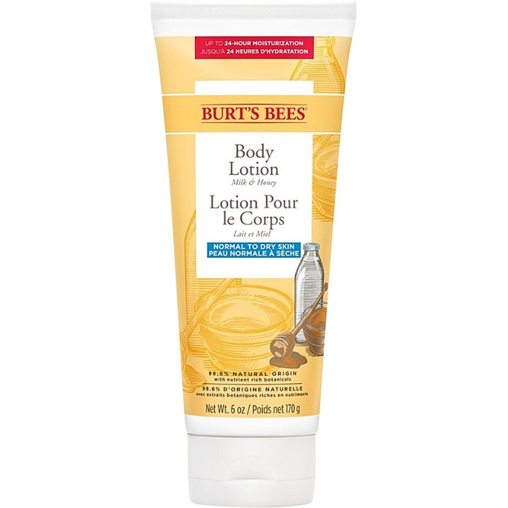Burt's Bees Body Lotion Milk & Honey 170 g kosteuttava vartalovoide keltaisessa tuubissa hunajakuvituksella.