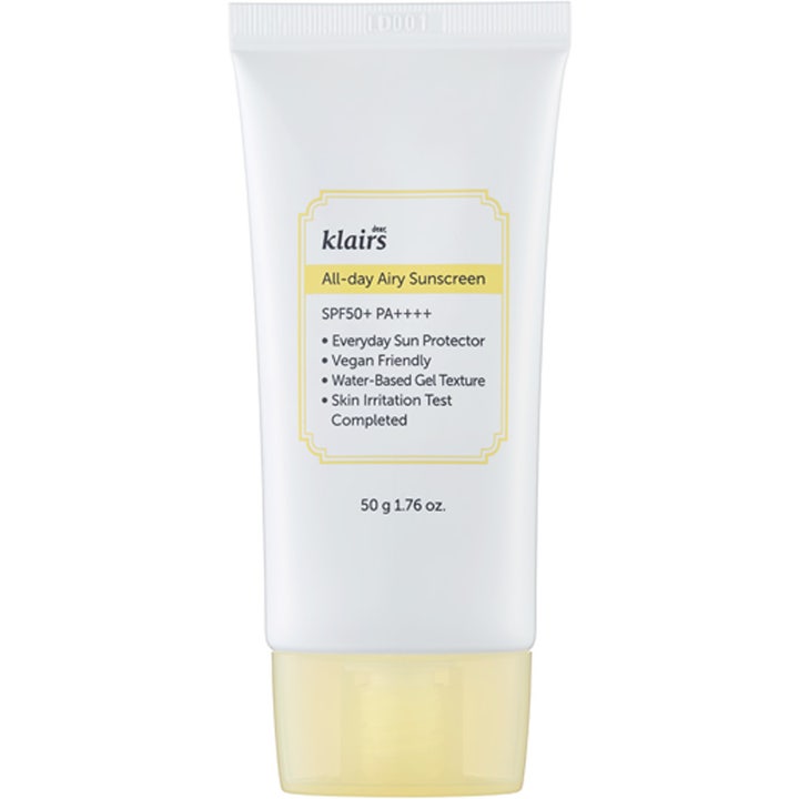 Klairs All-day Airy Sunscreen 50 g kevyt aurinkosuojavoide valkoisessa tuubissa keltaisella korkilla